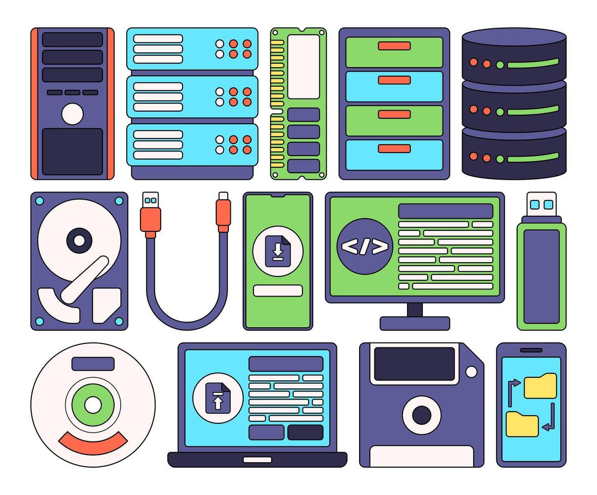 Illustration of data storage devices and computers vector