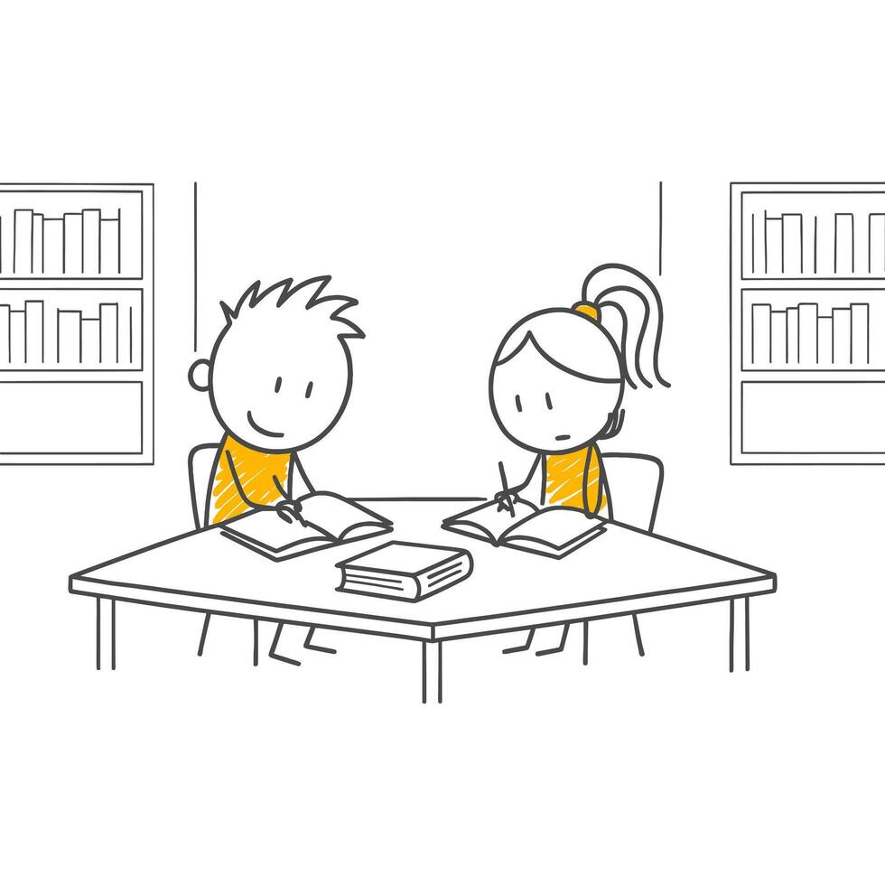 Two Students Concentrating In The Library For A Challenging Exam Period Exchanging Knowledge And Reviewing Topics. vector