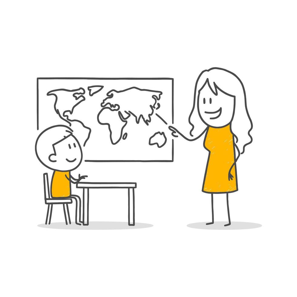 Student and Teacher Learning a Geography Topic in a School Setting with Happy and Positive Communication. vector