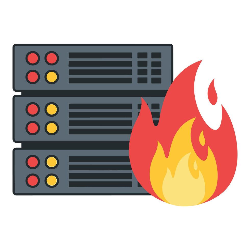 Server on Fire Icon Data Loss, System Failure, Security Breach vector