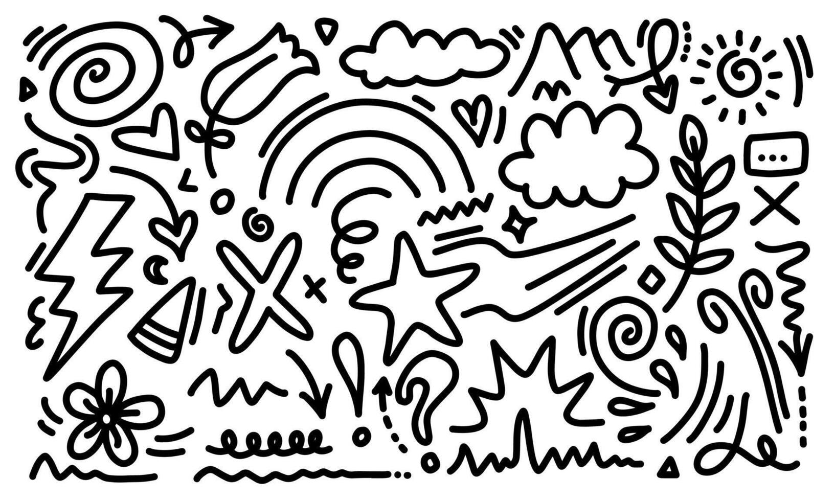 Cute decorative element icons set of stars, arrows, and clouds. Hand-drawn sketches with cute star, heart, and flower elements. Scribble shape icons with line text decoration. vector