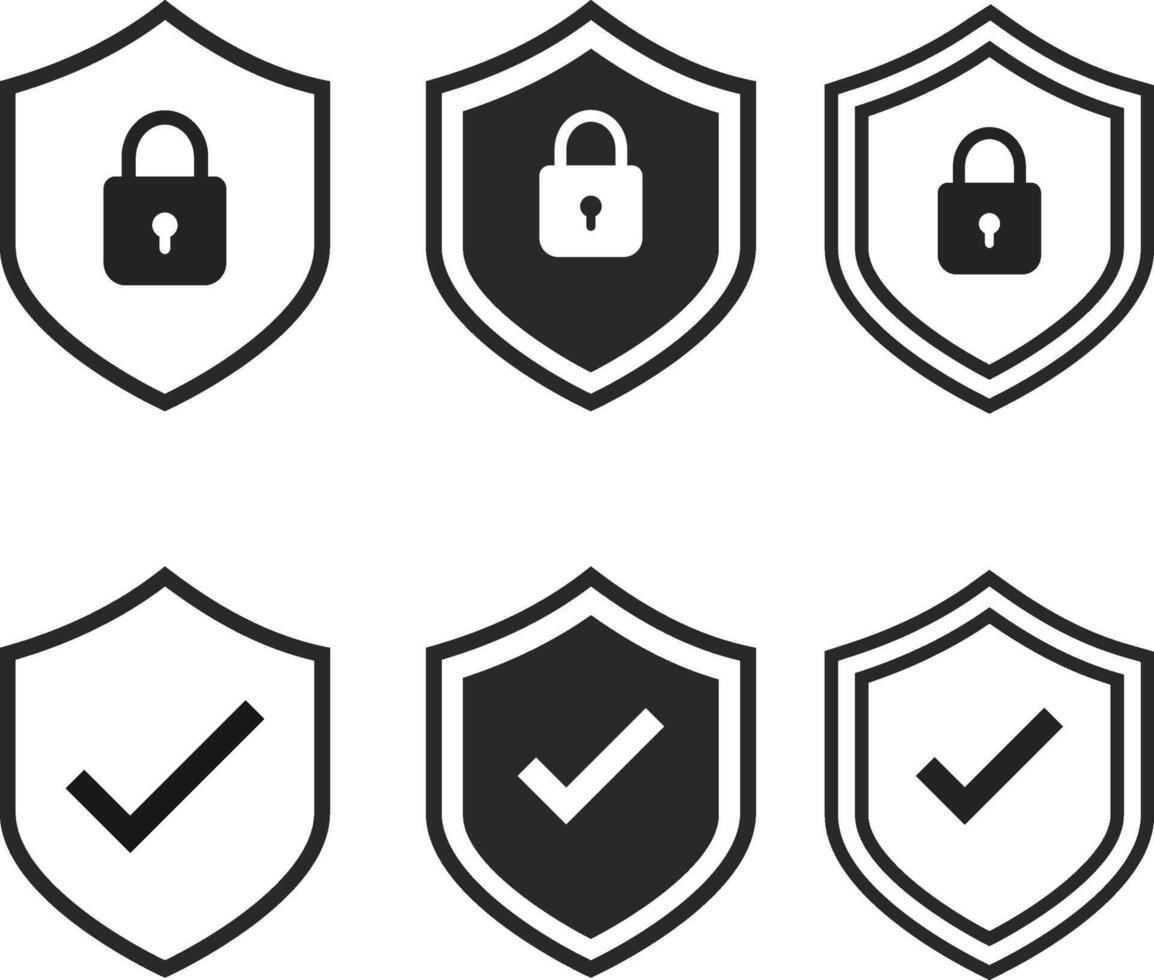 Security Shield Icon Set. Protection, Verification, and Trust Symbols. Shield with Padlock, Check Mark, and Digital Privacy Icons collection. Verified Status, Encrypted Lock, System Protection. vector