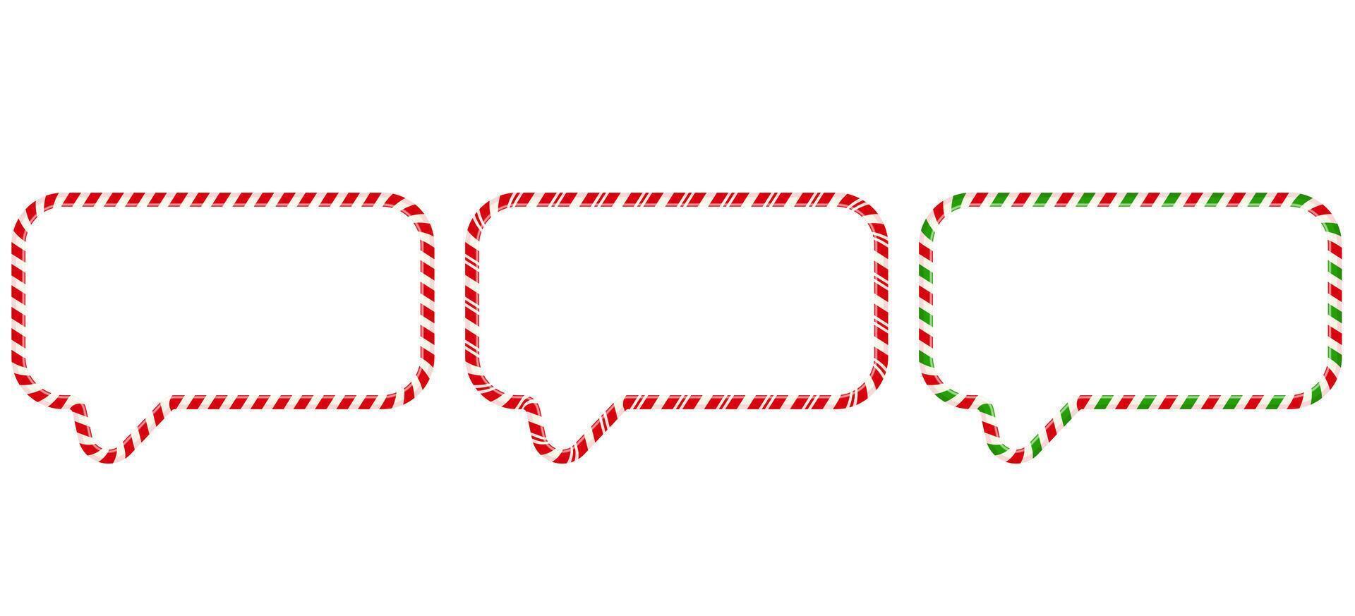 Set of empty rectangular dialog boxes made of striped candy canes. Red and white Christmas speech bubbles, festive frames and mockups. Decorative holiday elements isolated. illustration. vector