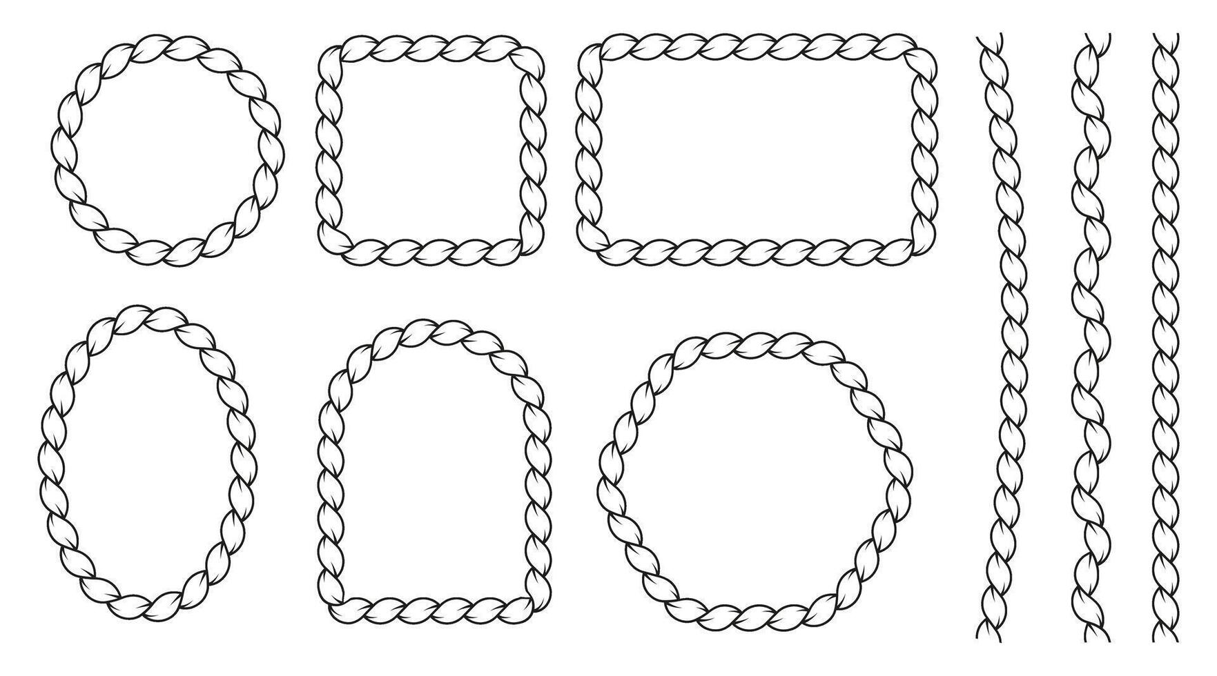Set of rope borders in different shapes square, wavy, circular, and oval. Isolated on white background. design elements created with rope brush style. vector