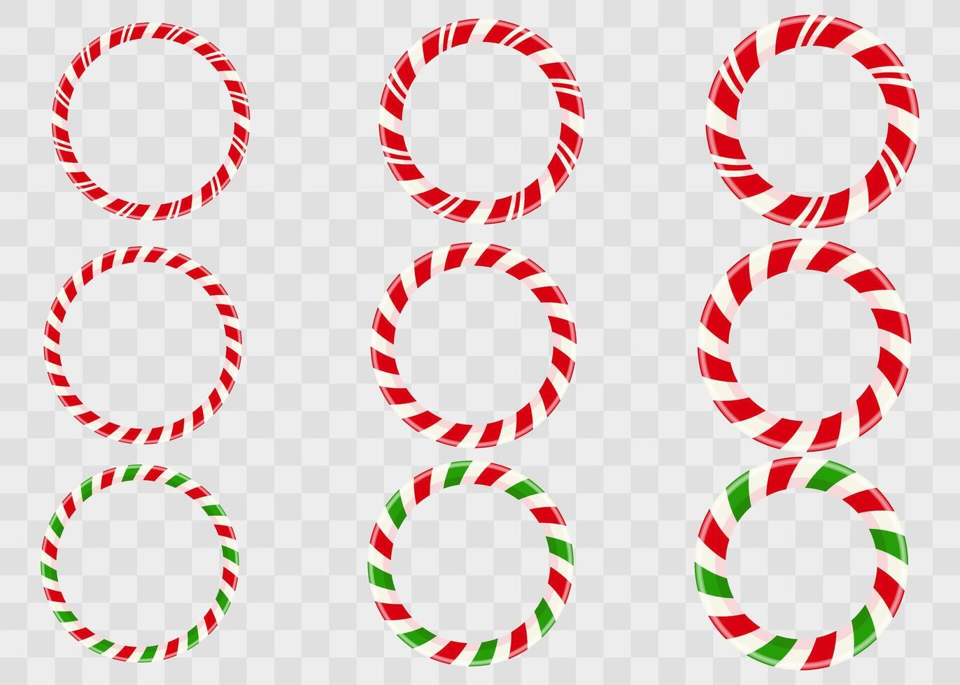 Set of realistic circular frames with a glossy red-and-white candy cane pattern. Festive holiday borders ideal for creating Christmas wreaths, labels, greeting cards, and seasonal designs. vector