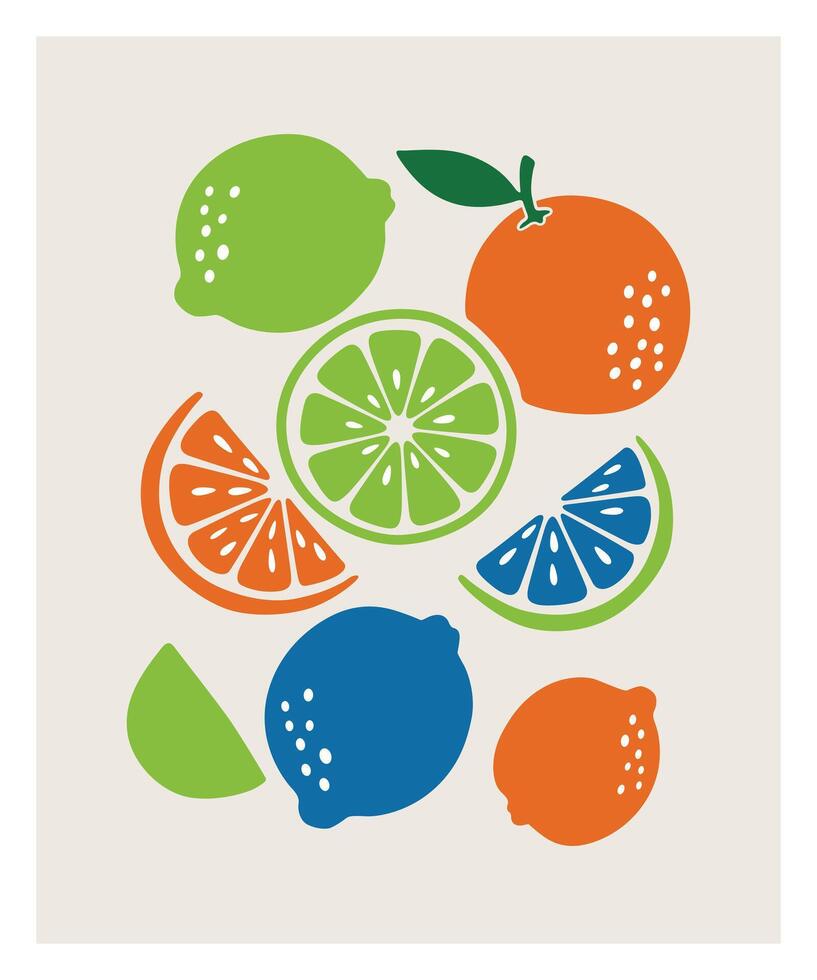 Abstract Tropical Citrus Fruits Pattern Lemon, Lime and Orange Slices Flat Design vector