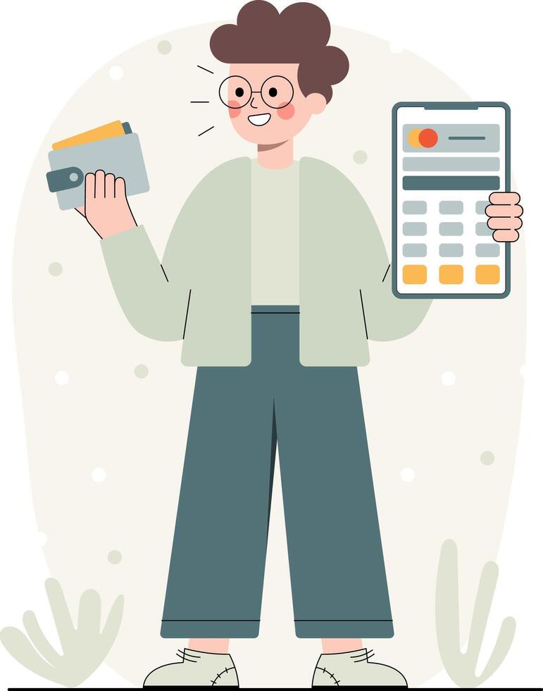 Character organizes personal budget on smartphone while holding wallet and cards in a simple setting vector