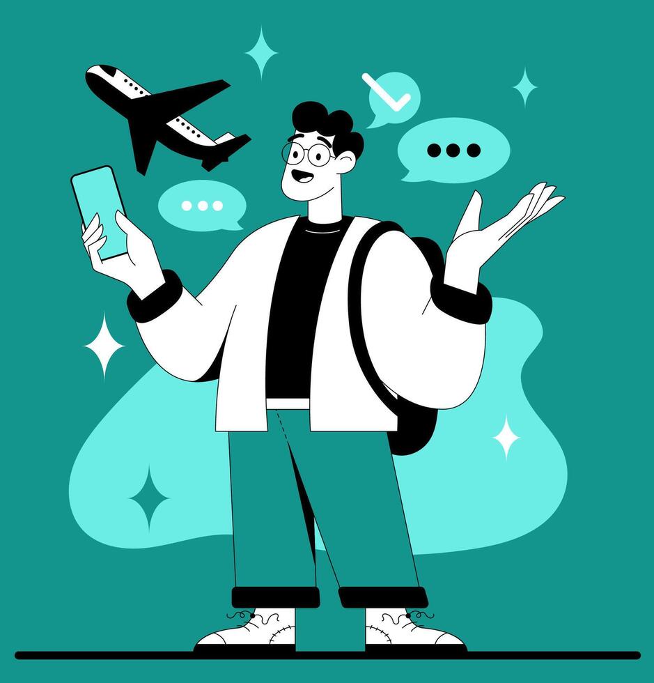 A person holds a smartphone while standing with a backpack. They are asking an AI assistant for a travel plan. An airplane icon floats above, showing their travel interest. vector