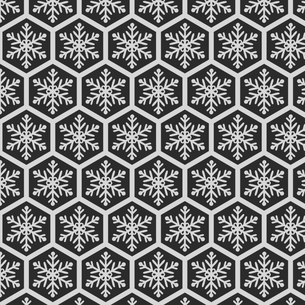 Minimal seamless pattern featuring silver snowflakes on charcoal hexagonal tiles. Ideal for modern packaging, winter decor, wrapping paper and stylish seasonal projects. vector