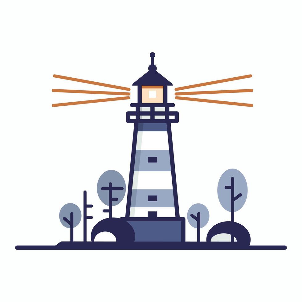 Minimalist flat illustration of a lighthouse with light beams shining outward, surrounded by simple trees and landscape elements. vector