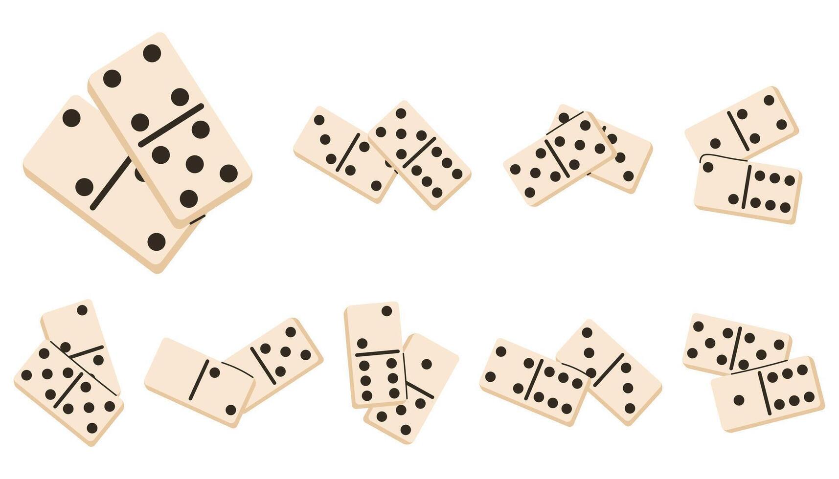 Set of fun domino game pieces arranged in playful compositions. Simple flat shapes create a cheerful game mood perfect for kid themes, creative layouts and modern graphic projects. vector