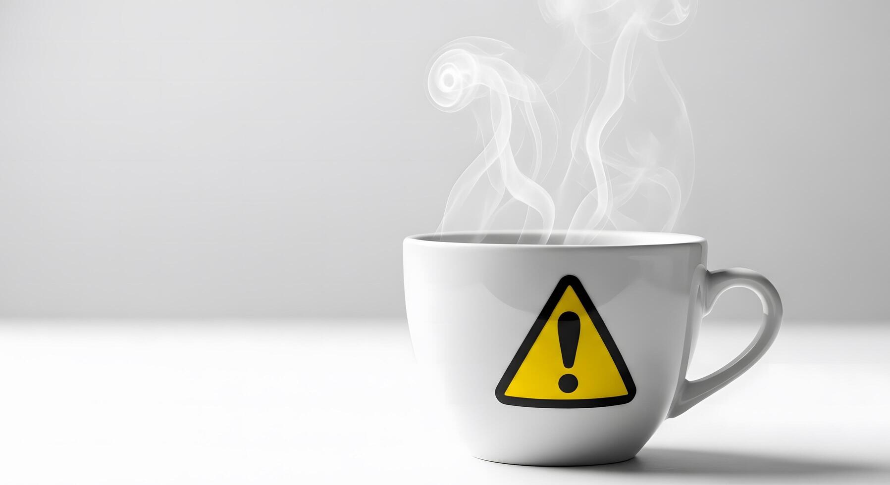 Steaming hot beverage in a minimalist white mug displaying a stark yellow warning triangle, symbolizing caution, a critical alert, or a potential issue, presented on a clean background photo