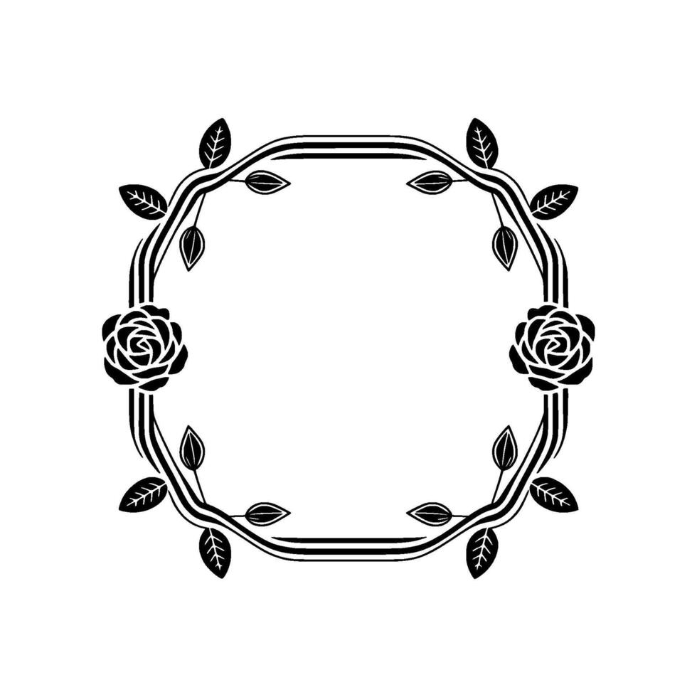 A decorative illustration of an octagonal frame adorned with stylized roses and elegant leaves creating a classic botanical border vector