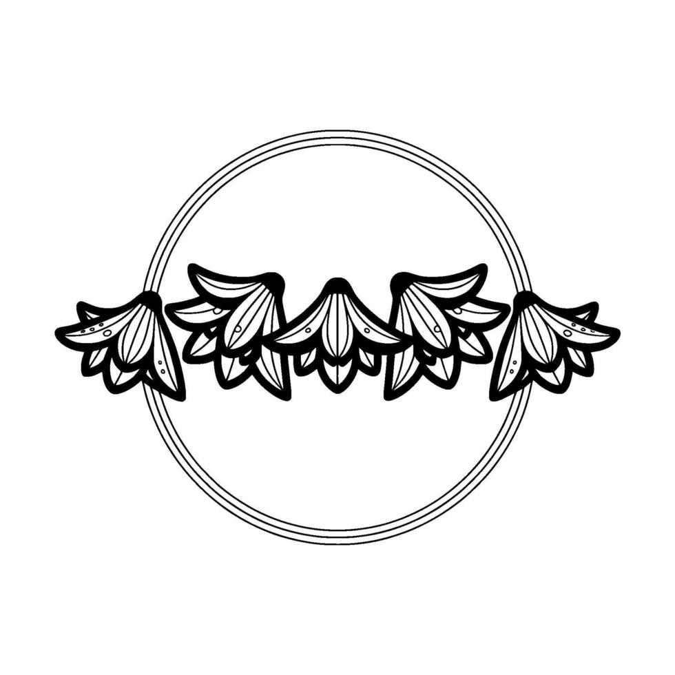 Elegant ink outline of a row of five bell shaped flowers with dew drops inside a double ring circular frame vector