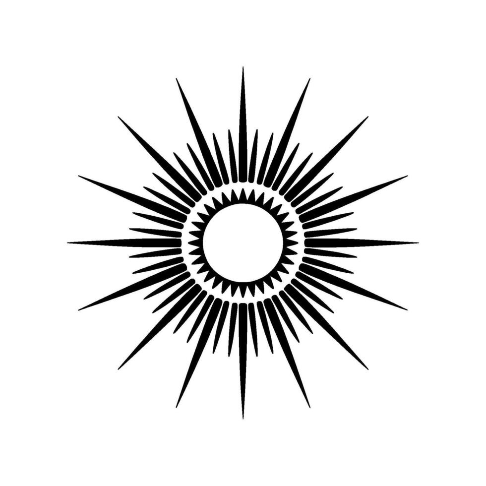 A striking minimalist illustration of a radiant sunburst or starburst emblem with sharp pointed rays emanating from a central circular void vector
