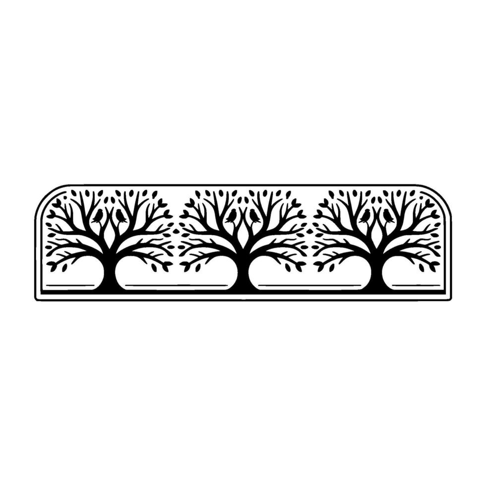 A monochrome illustration showcasing a repeating pattern of three stylized silhouette trees with intricate branches and small birds perched upon them contained within a rounded rectangular fram vector