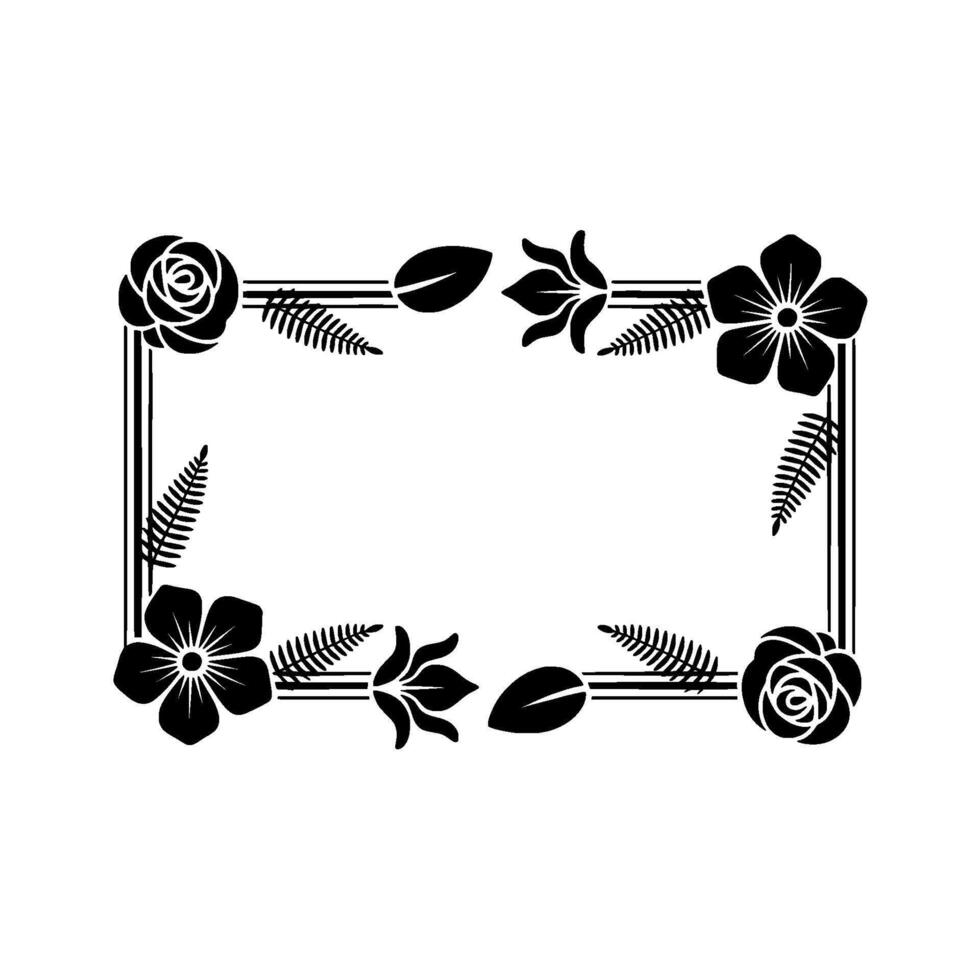 A decorative floral border featuring stylized roses ferns and other botanical elements framing a rectangular empty space vector