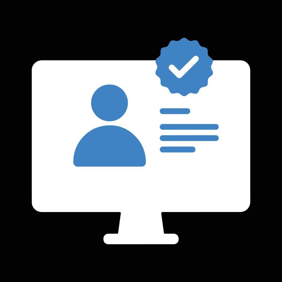 Verified User Profile Icon. Blue badge with a checkmark on a computer screen displaying an avatar and info for authentication, identity themes, and secure access. vector