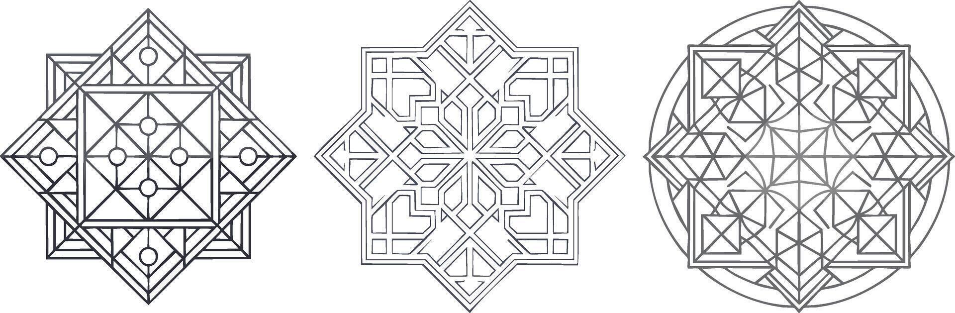 Geometric panel stencil with interlocking shapes forming bold symmetrical decorative pattern in minimal black artwork vector