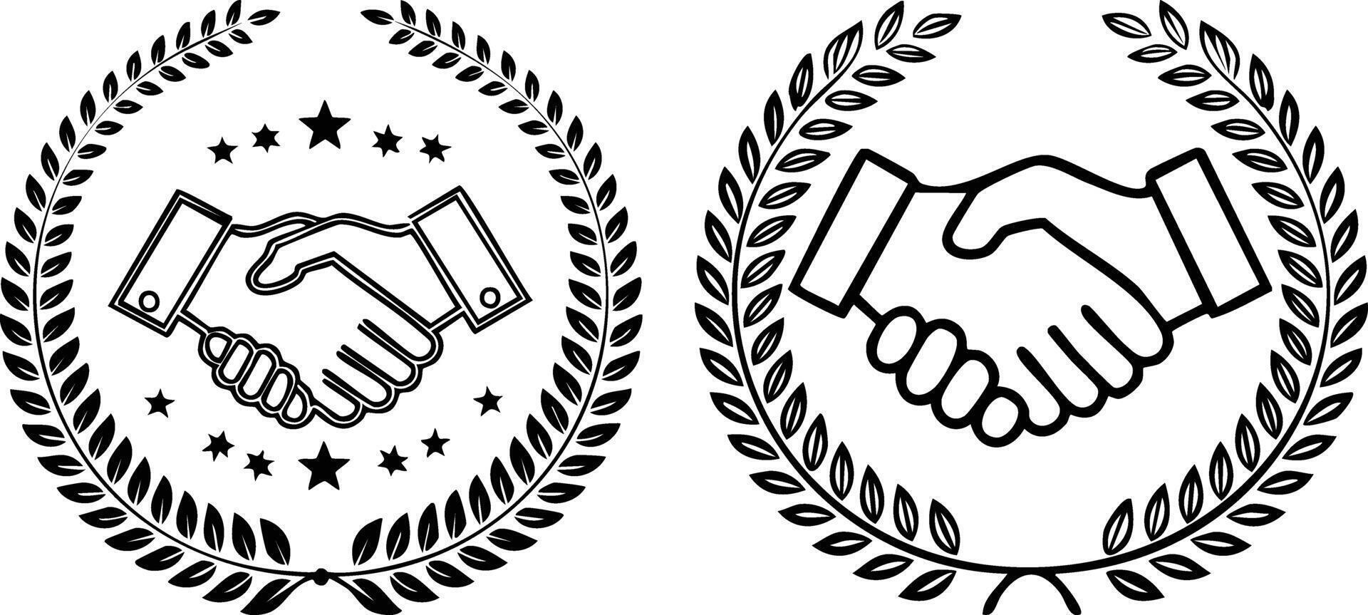 Respectful gesture handshake icon framed with subtle laurel wreath created in refined minimal line illustration vector