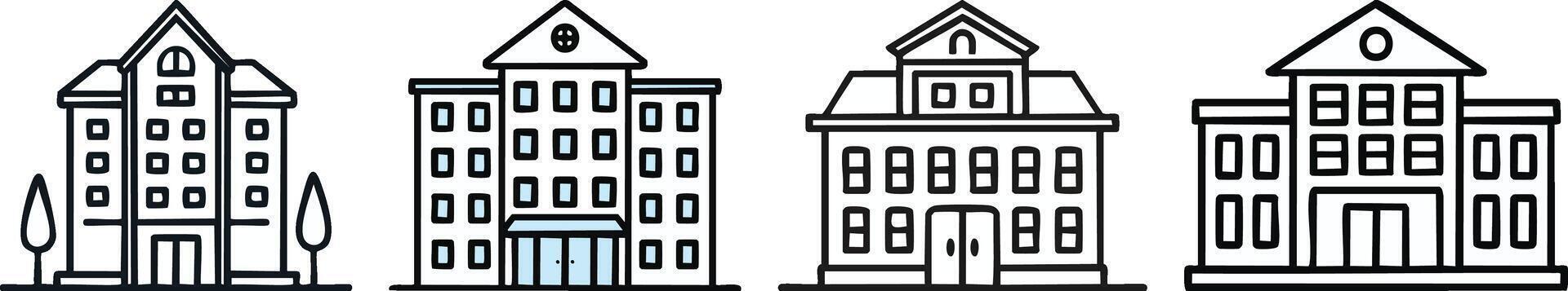 Hotel building icon with three story block layout using bold outline windows and clean minimal geometric styling vector