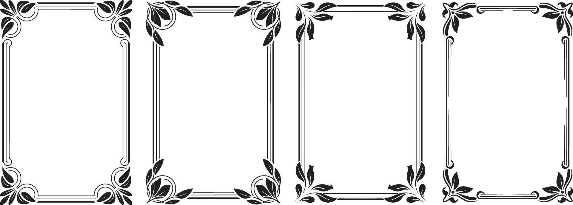 Set of four elegant floral swirl rectangular frames with leafy accents on transparent background vector