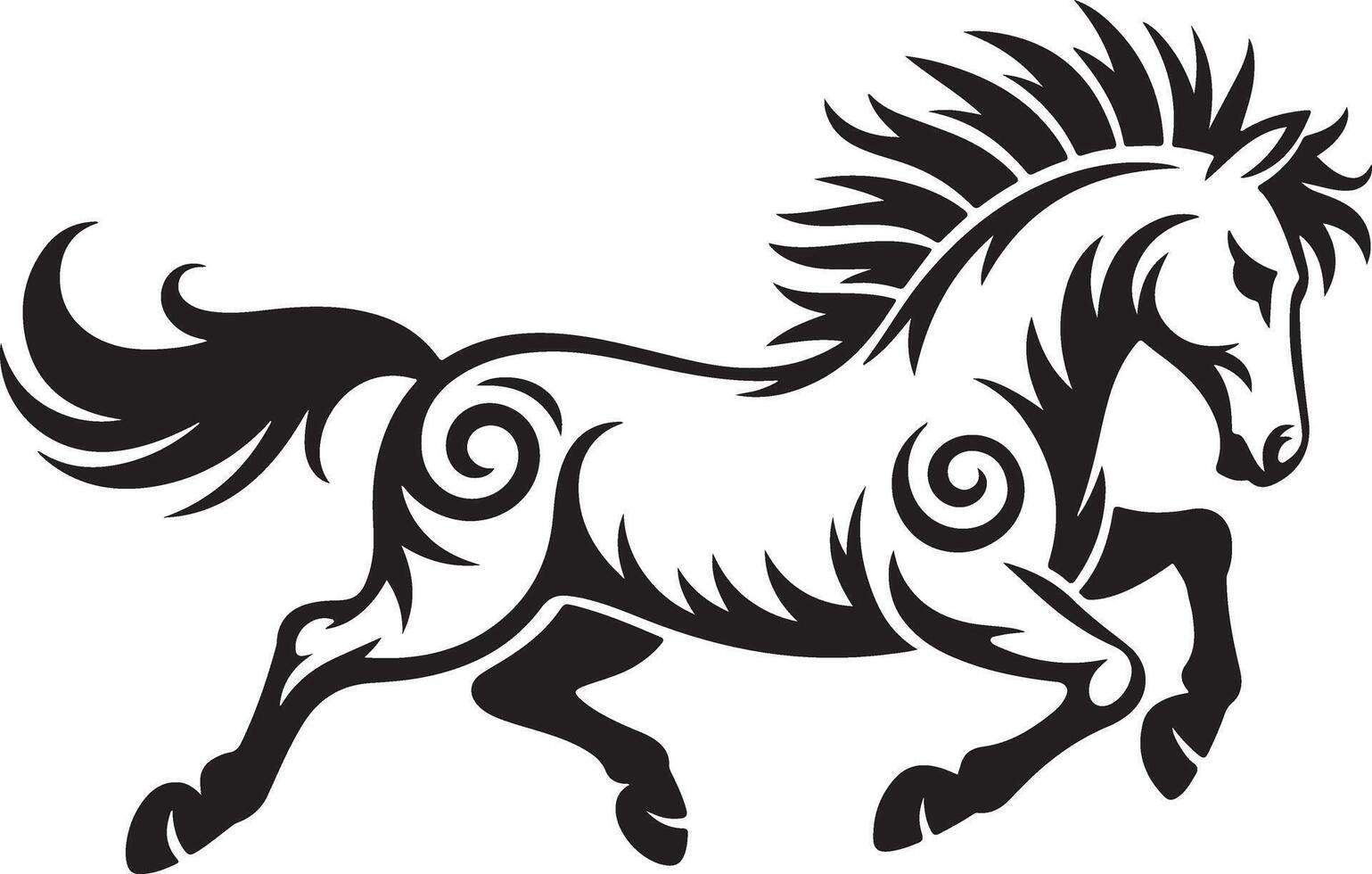 Dynamic running horse with tribal patterns and flowing mane in powerful artistic style illustration vector