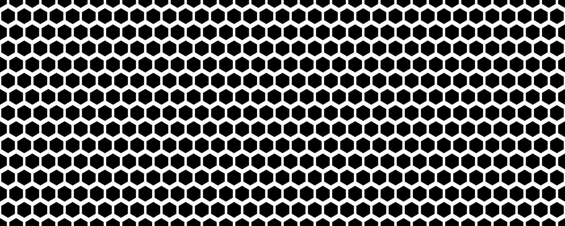 Black seamless hexagon pattern. Repeating honeycomb texture background. Geometric hexagonal halftone tech overlay backdrop. Abstract repeated hex texture. Retro technology dot wallpaper vector