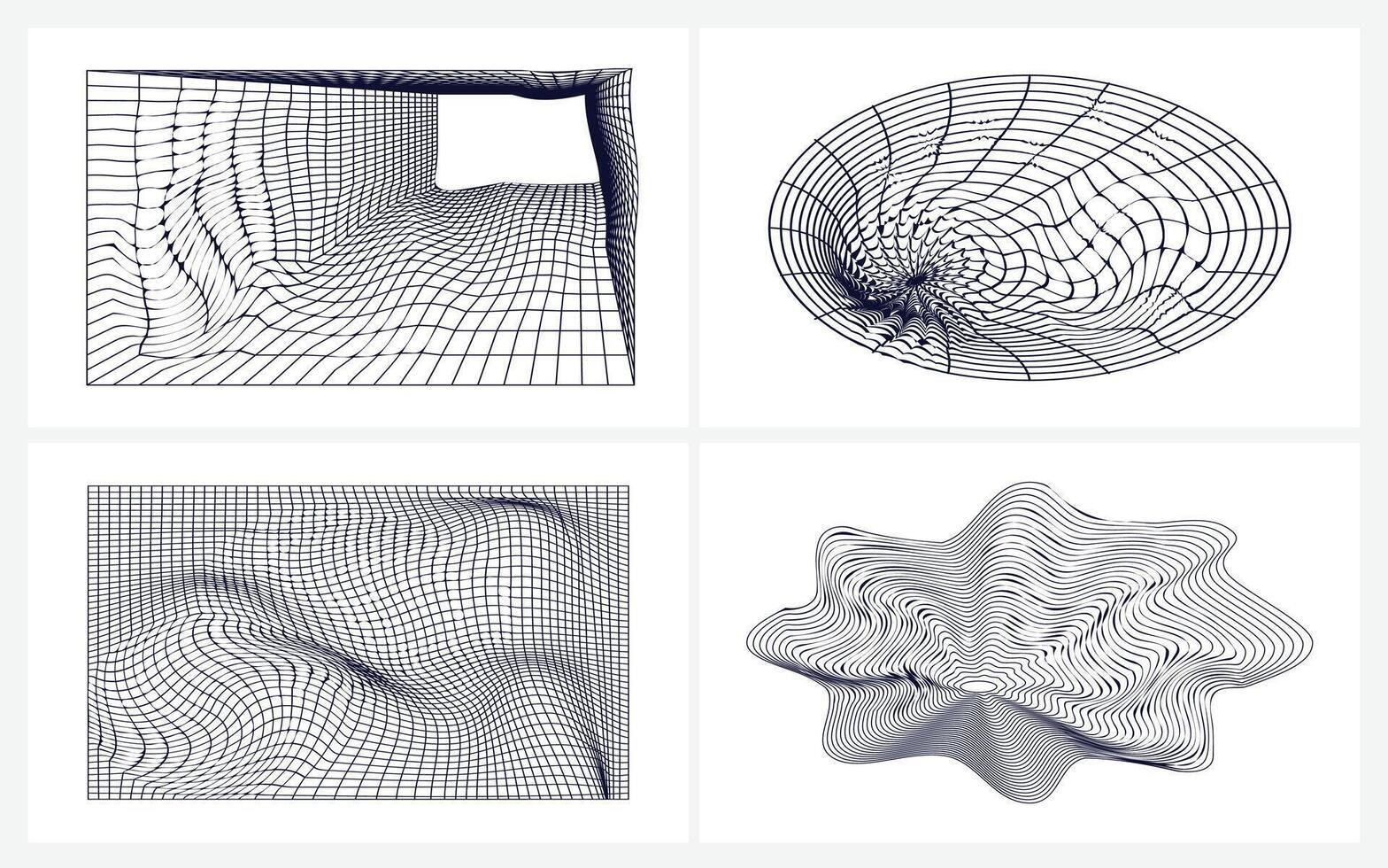 Distorted Wireframe Grid Surfaces Abstract 3D Mesh, Collection of four warped grid illustrations tunnel, vortex, folded plane and organic ripple vector