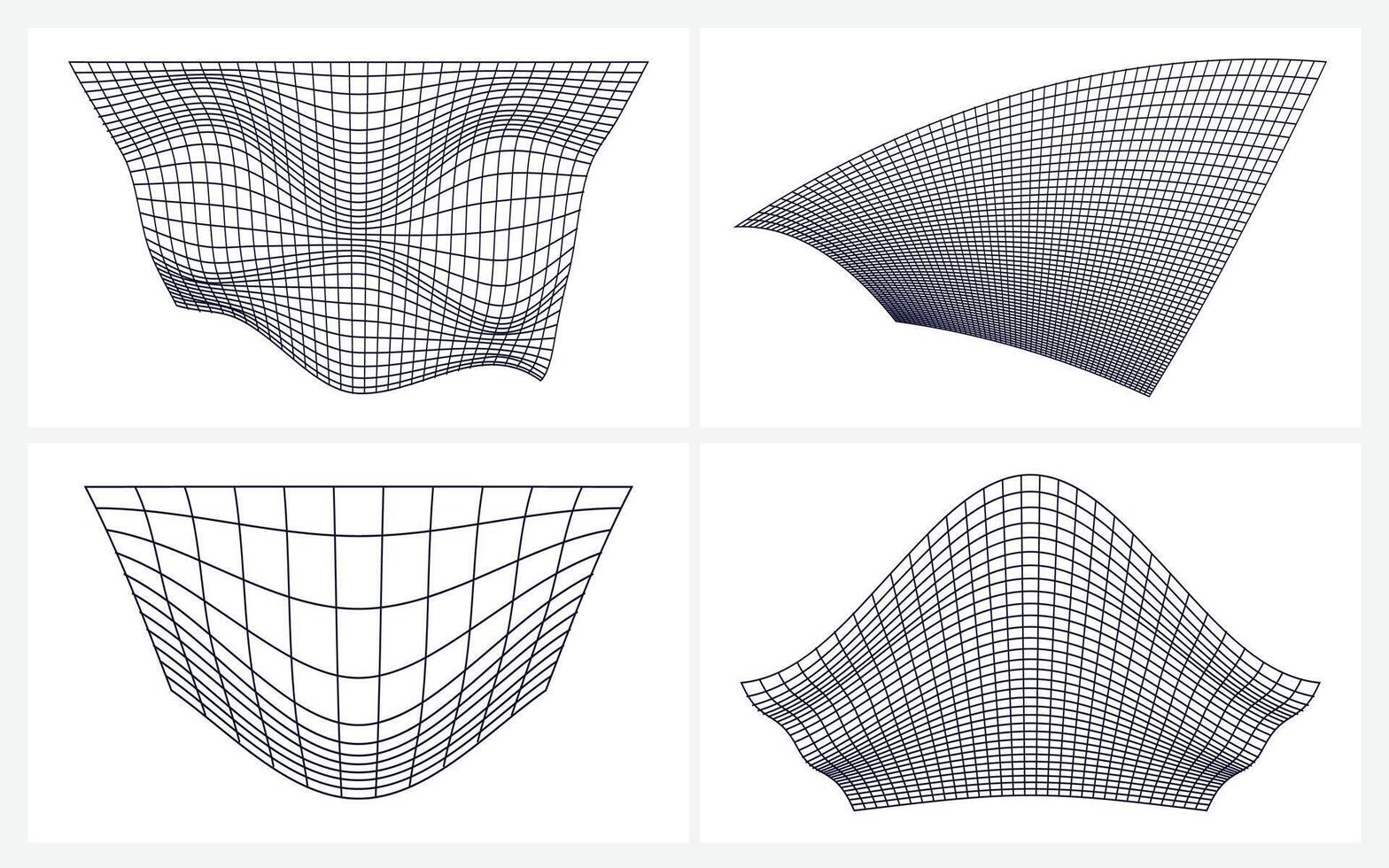 Curved Wireframe Mesh Surfaces Collection, Set of four smooth, curved wireframe forms with saddle and bent surfaces. Minimal black line geometry for technology, science and modern design vector