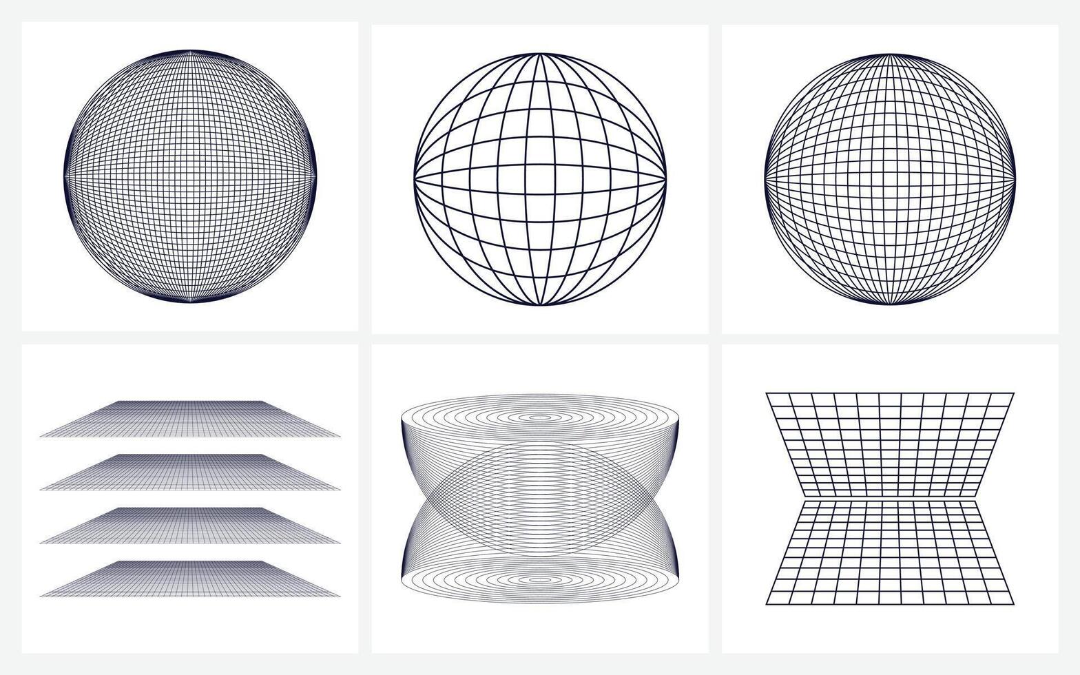 Geometric Wireframe Elements Spheres, Grids and Planes, black line wireframe graphics spherical grids, stacked planes, hourglass double cone and folded lattice vector
