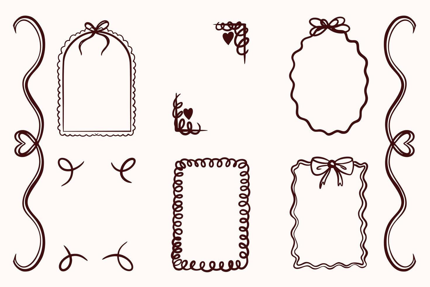 Set of hand drawn decorative frames, bows, and border elements in a simple line art style. Perfect for invitations, scrapbooking, and greeting cards. vector