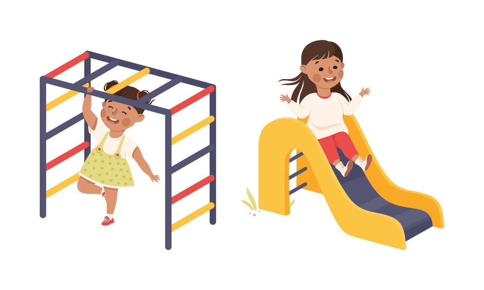 Smiling Girl on Playground Playing and Having Fun Sliding Down Set vector
