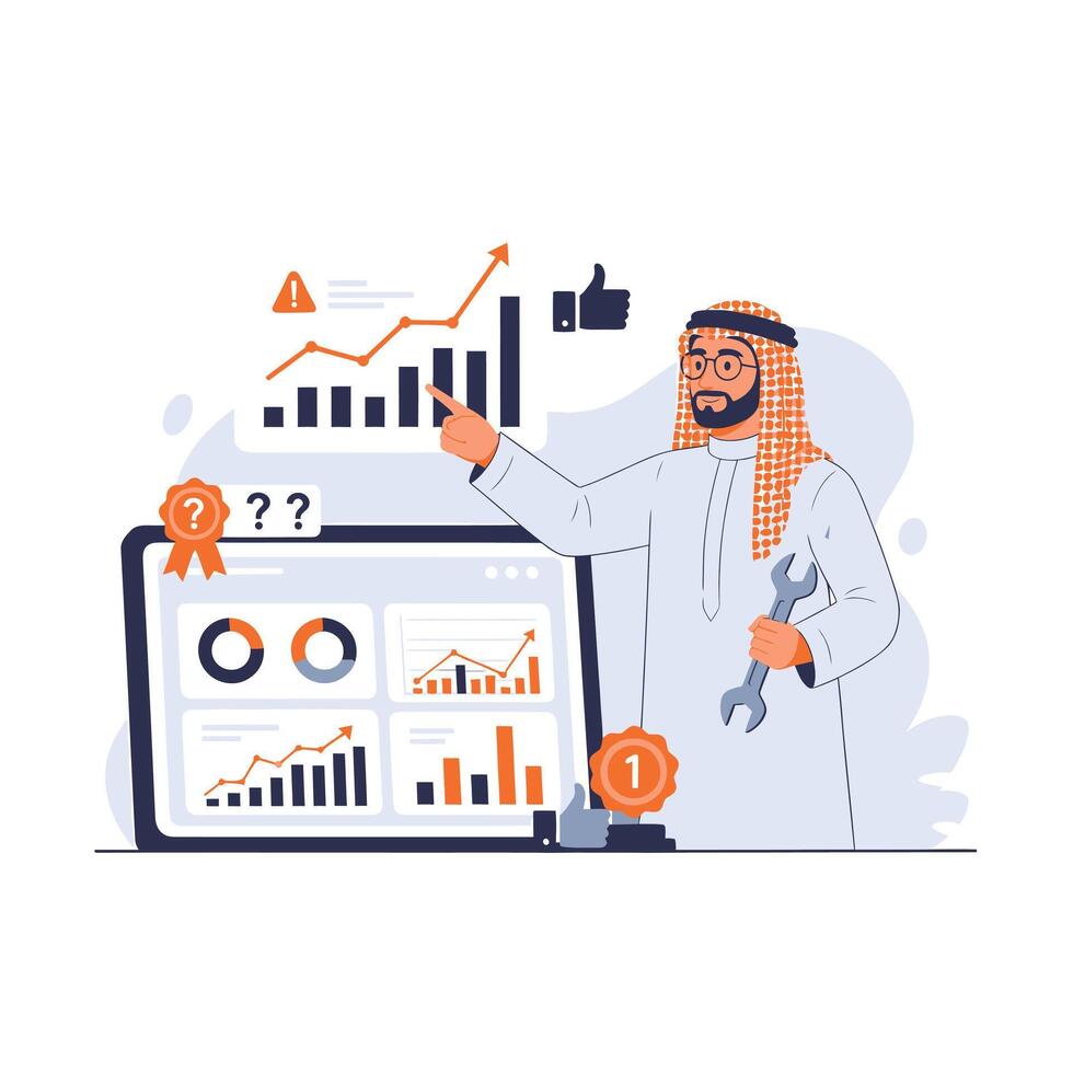 Arab Businessman Analyzing Performance Dashboard Holding Wrench Technical Optimization Concept vector