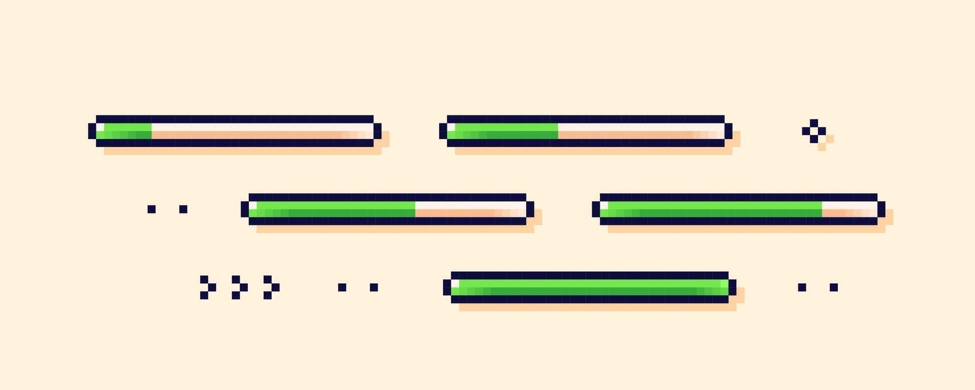 Pixel art loading game scale. Five green life process bars. vector