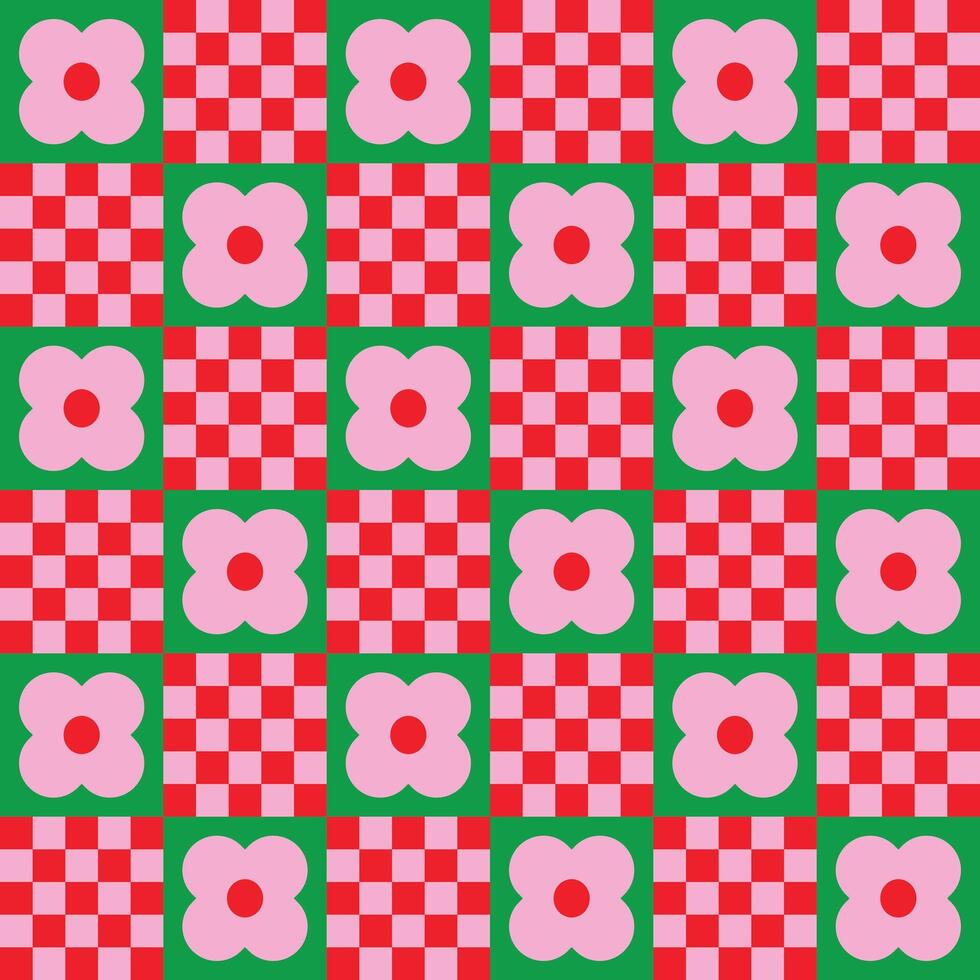 Funky seamless groovy pattern with flower and checkered style vector