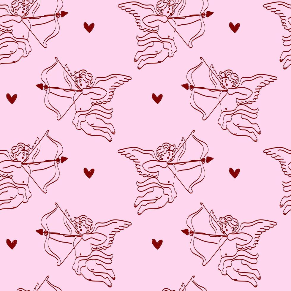 Pattern of winged figures shooting arrows with hearts on a light background featuring multiple repetitions of the design vector