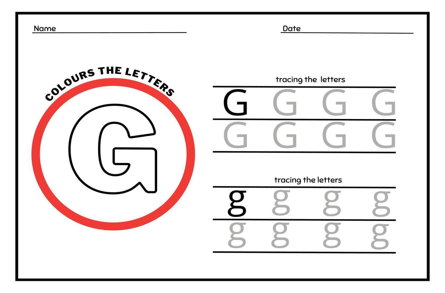 Learn the Letter G. Tracing Practice Page. Developing skills of writing. paper ready to print. vector