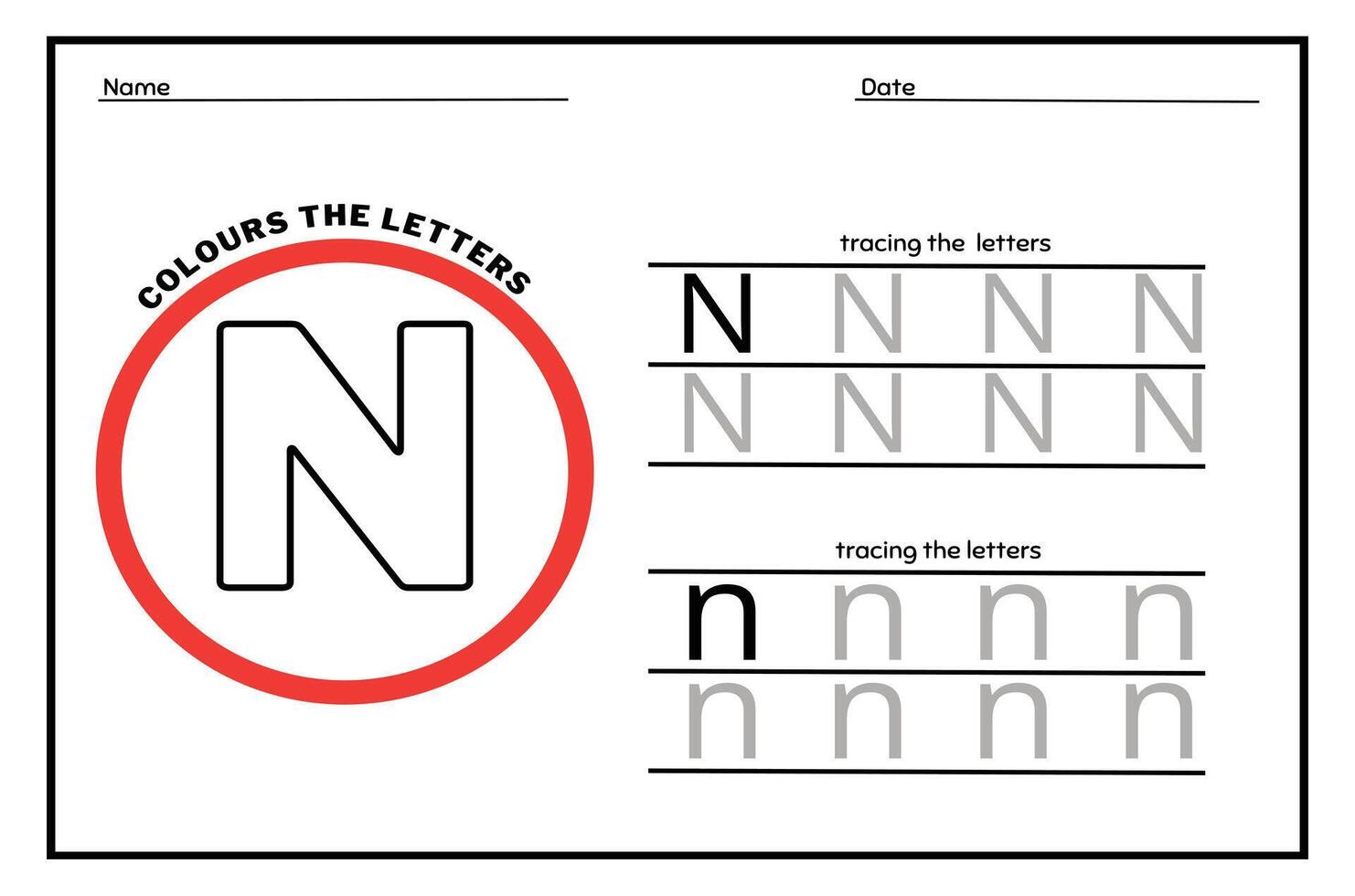 Learn the Letter N. Tracing Practice Page. Developing skills of writing. paper ready to print. vector