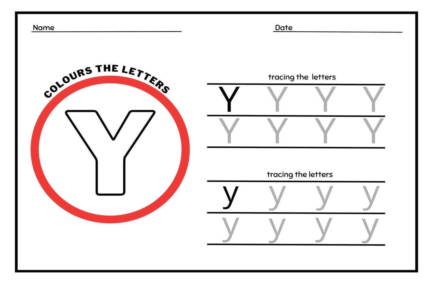 Learn the Letter Y. Tracing Practice Page. Developing skills of writing. paper ready to print. vector