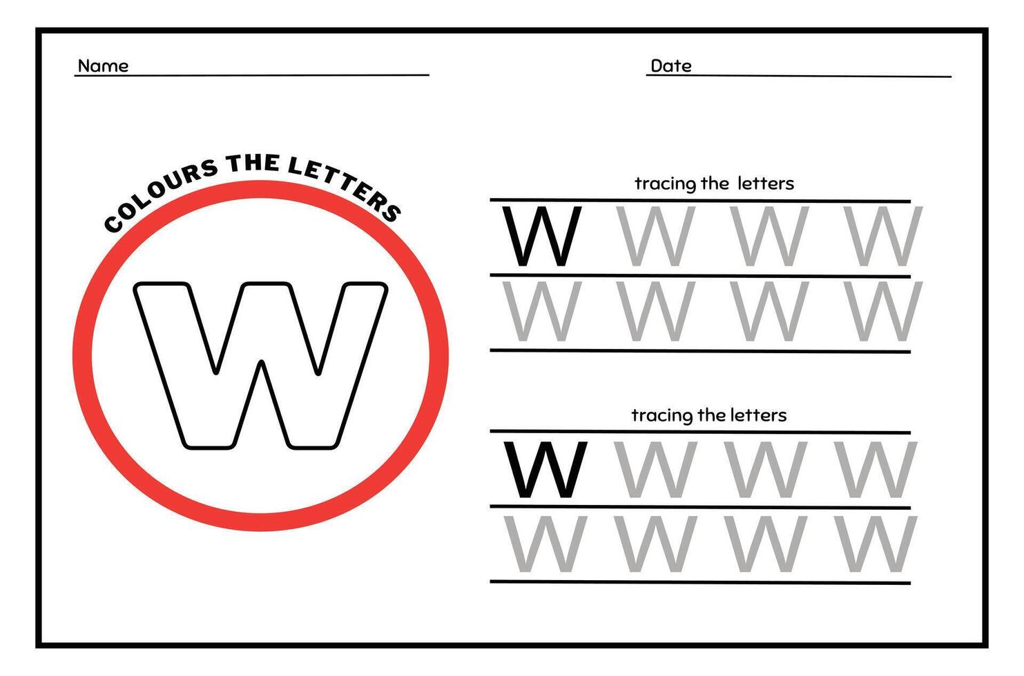 Learn the Letter W. Tracing Practice Page. Developing skills of writing. paper ready to print. vector