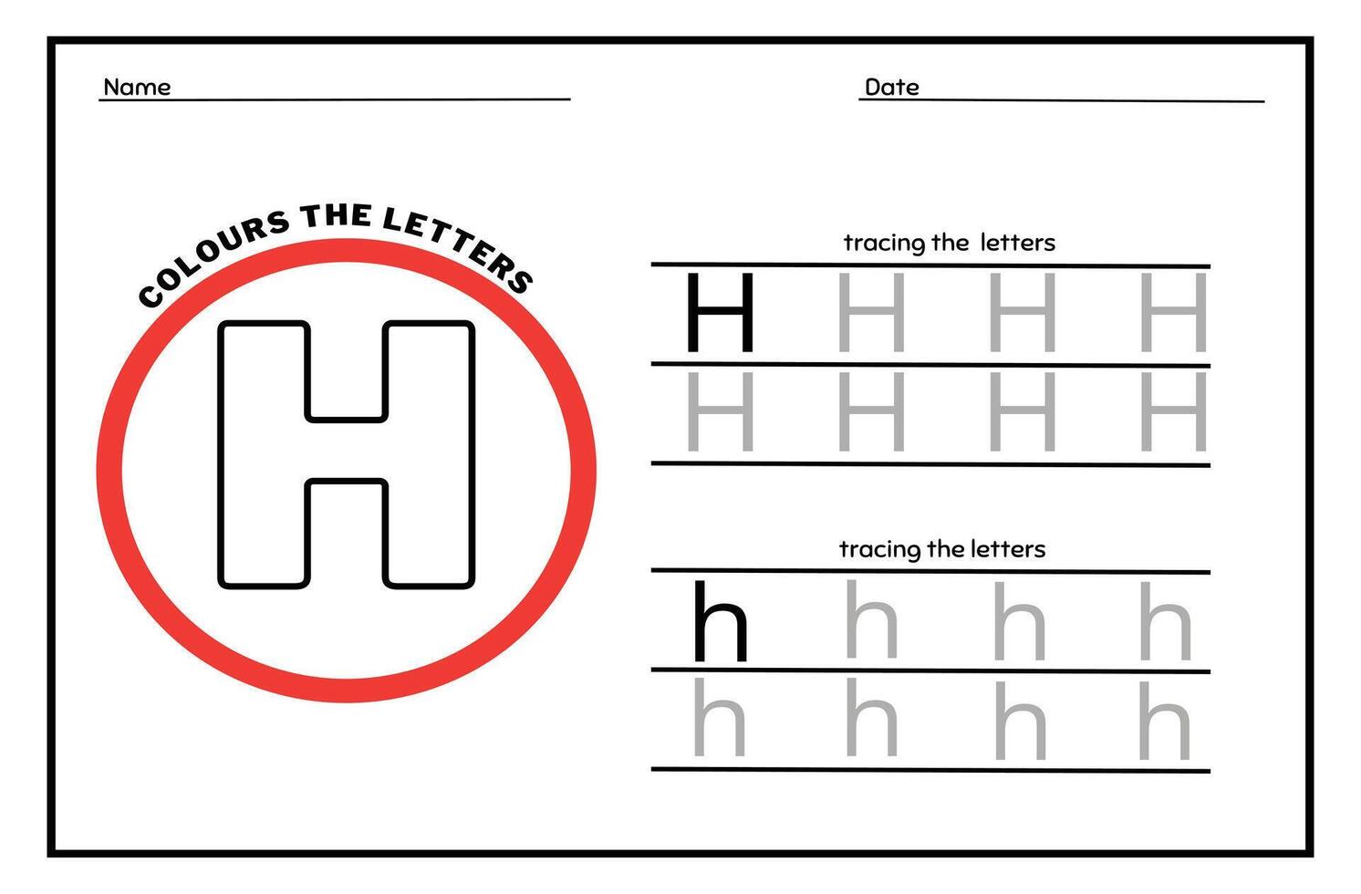 Learn the Letter H. Tracing Practice Page. Developing skills of writing. paper ready to print. vector