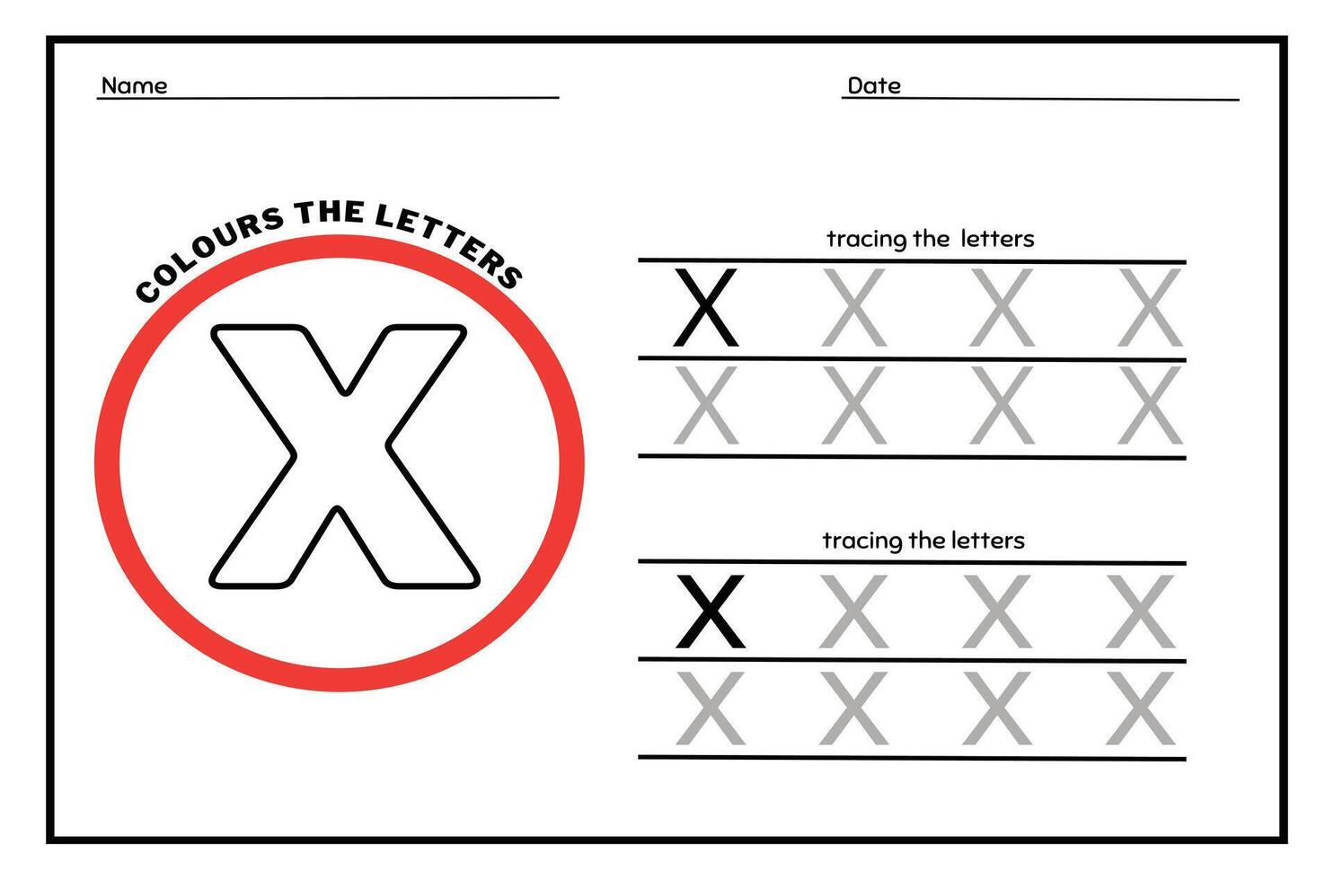 Learn the Letter X. Tracing Practice Page. Developing skills of writing. paper ready to print. vector