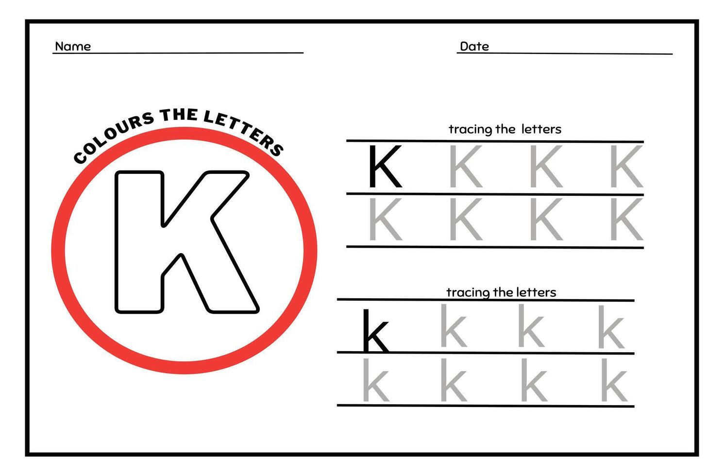 Learn the Letter K. Tracing Practice Page. Developing skills of writing. paper ready to print. vector