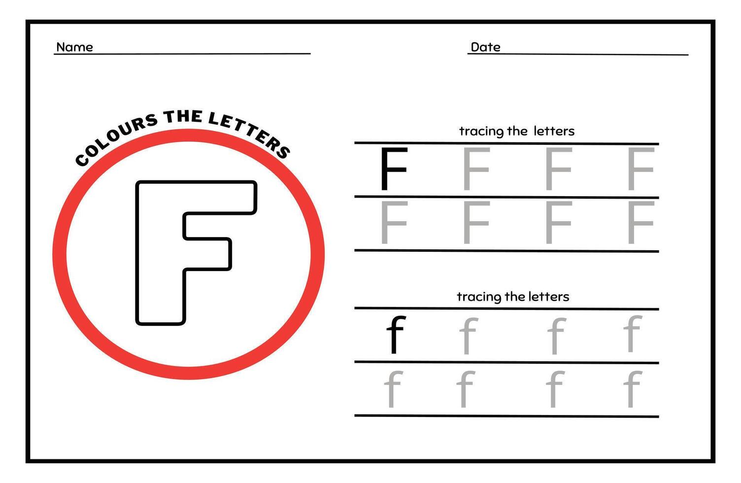 Learn the Letter F. Tracing Practice Page. Developing skills of writing. paper ready to print. vector