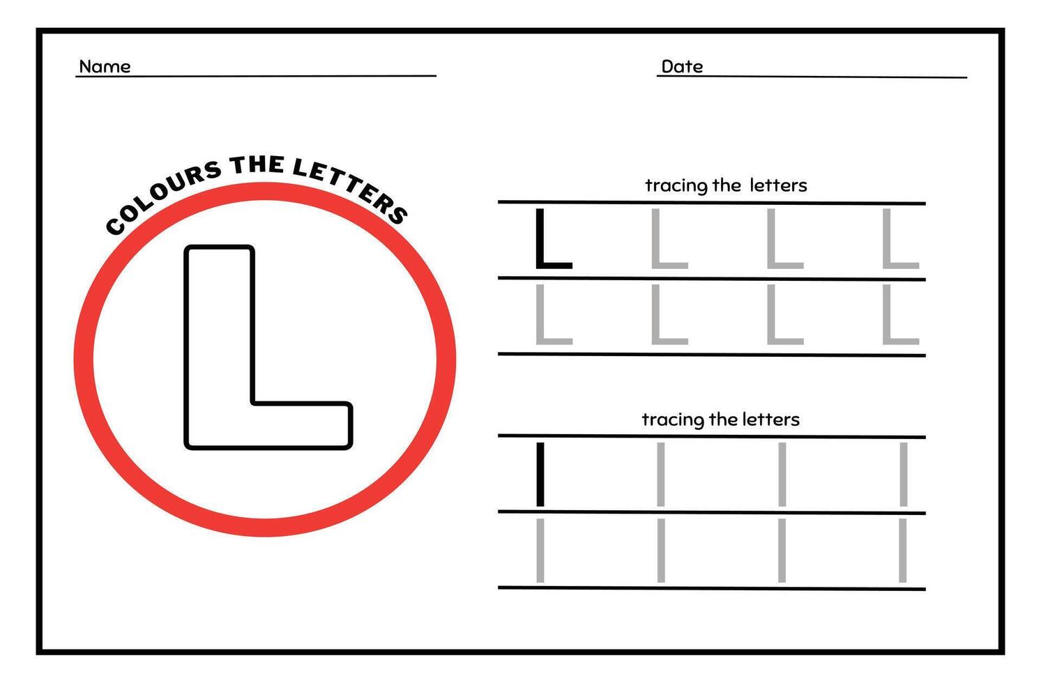 Learn the Letter L. Tracing Practice Page. Developing skills of writing. paper ready to print. vector