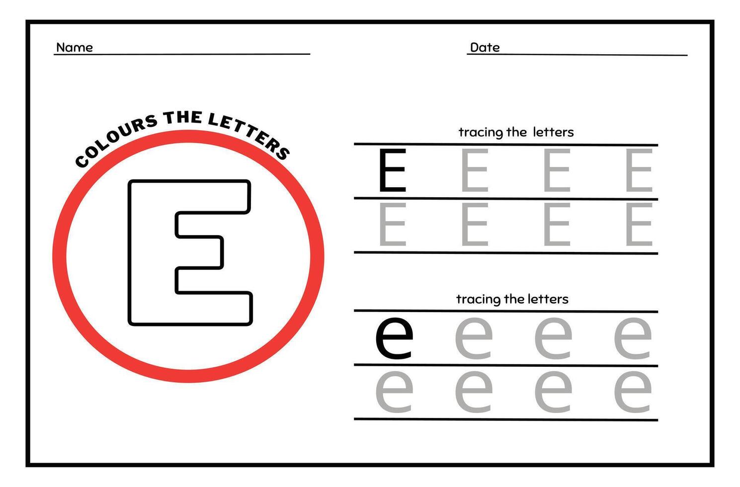 Learn the Letter E. Tracing Practice Page. Developing skills of writing. paper ready to print. vector