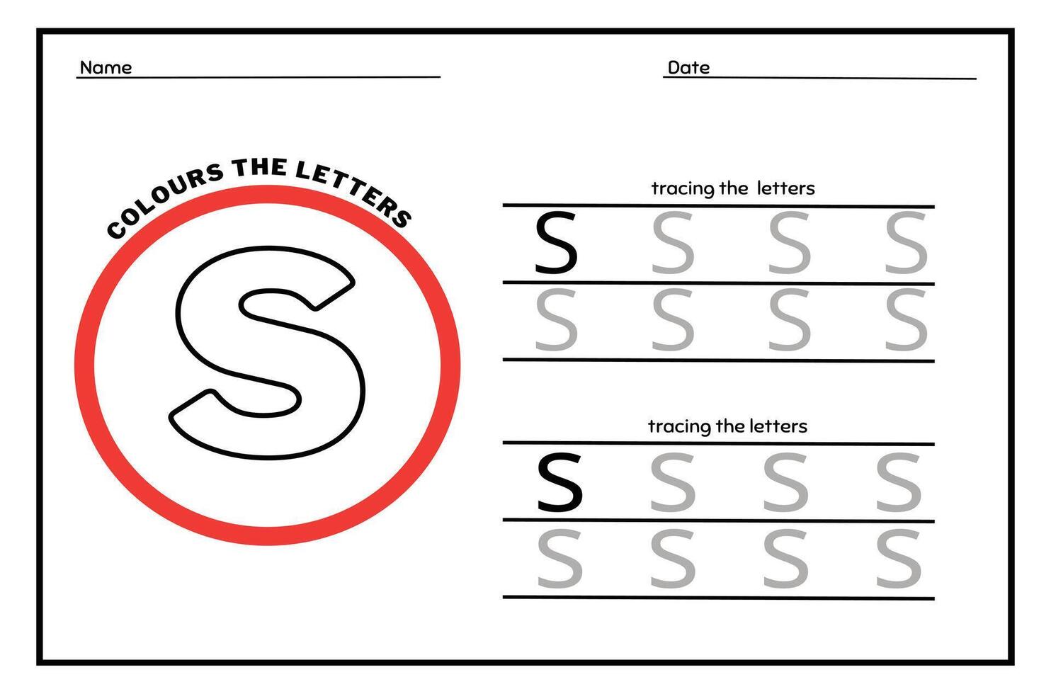 Learn the Letter S. Tracing Practice Page. Developing skills of writing. paper ready to print. vector