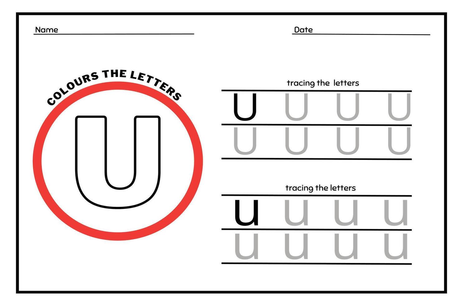 Learn the Letter U. Tracing Practice Page. Developing skills of writing. paper ready to print. vector