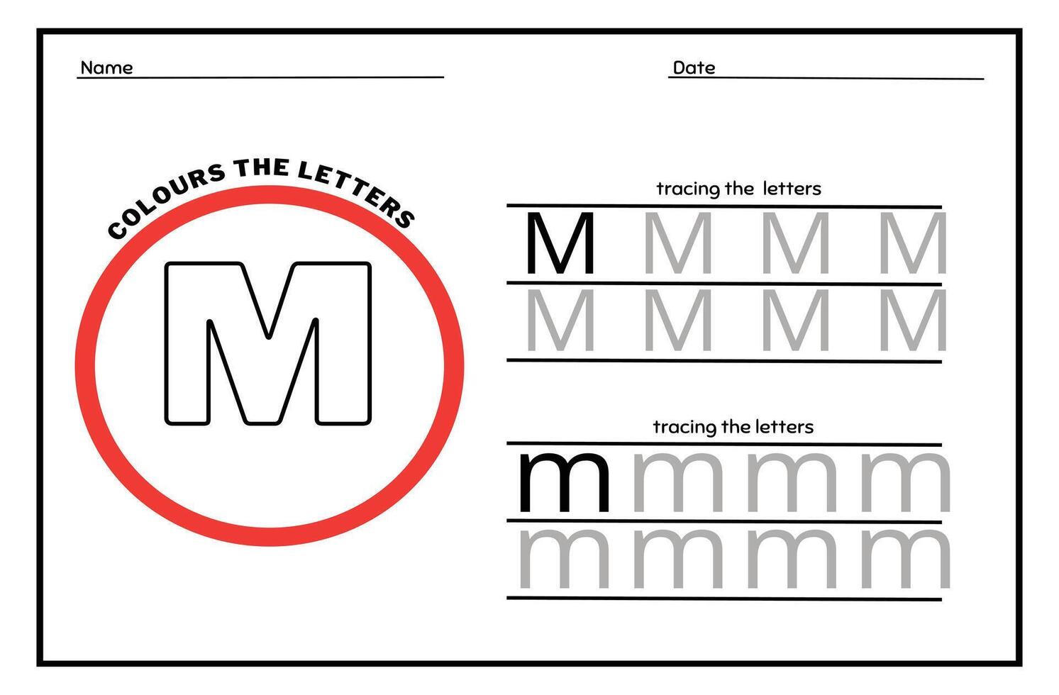 Learn the Letter M. Tracing Practice Page. Developing skills of writing. paper ready to print. vector